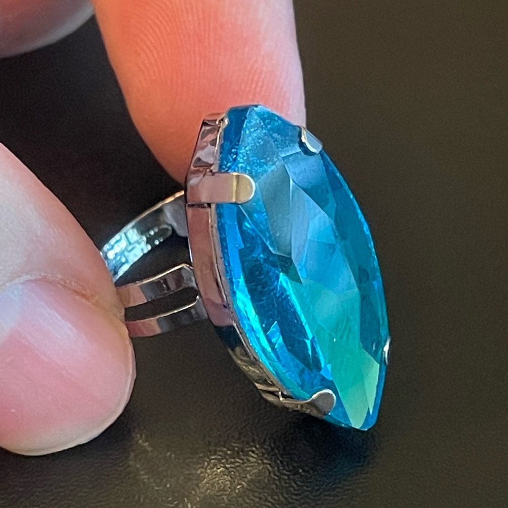 Adjustable teal crystal silver plated ring